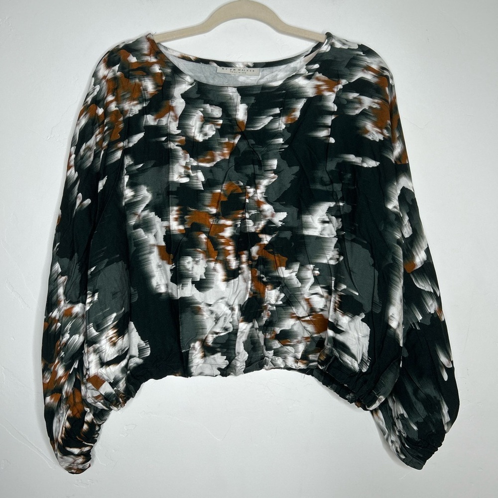 bryn‎ Walker Abstract Boxy Blouse Size Medium Puff Sleeves Lagenlook Art to Wear